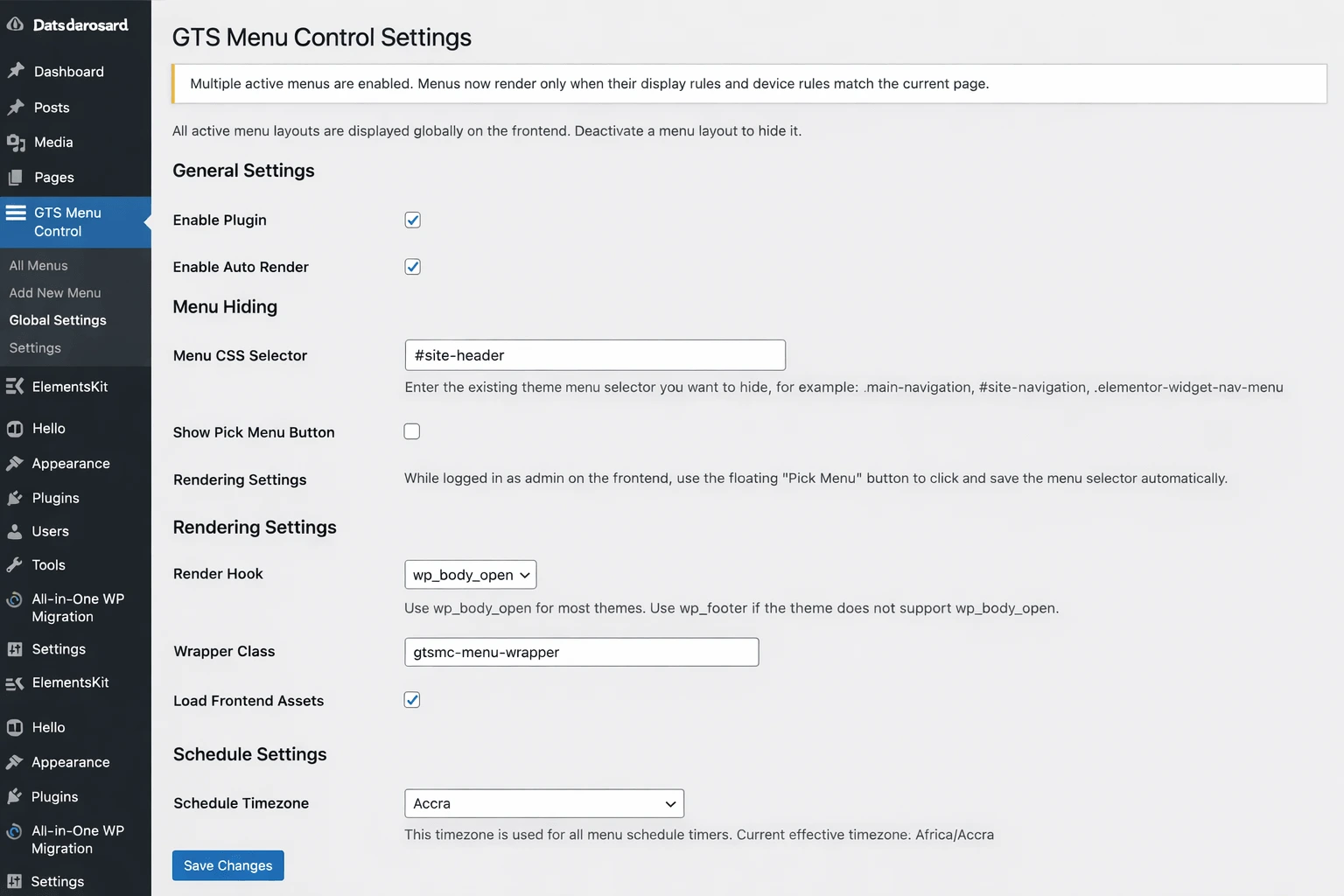 GTS Menu Control dashboard screenshot